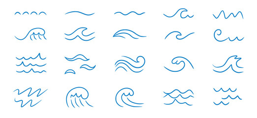 Wall Mural - Wave sea line doodle icon set. Hand drawn sketch water wave outline. Simple curve, scribble aqua flow. Isolated vector illustration.