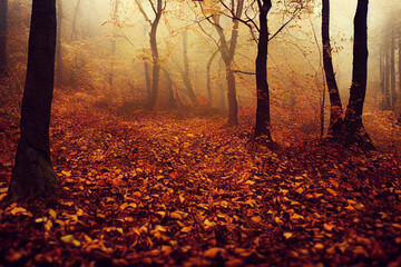 Sticker - Autumn forest, yellow, red and orange, digital art