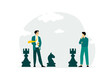 Businessman playing chess and try to find strategic position and tactic for long-term success plan or goal. Symbol of vision, competition, negotiation, planning and challenge.
