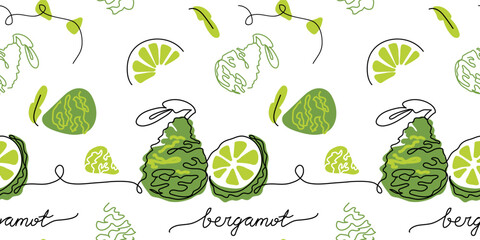 Sticker - Bergamot vector pattern, color illustration for label design. One continuous line art drawing with lettering bergamot
