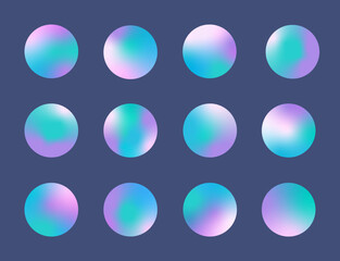 Holographic effect highlight stories, cover templates design set. Blurry abstract backdrops. Round vector illustrations with rainbow gradient for social networks.