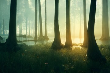 A foggy swamp. Dark and mysterious. 