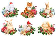 Set Bunnies And Fox Watercolor Drawing. Holiday Compositions, Baby Animals