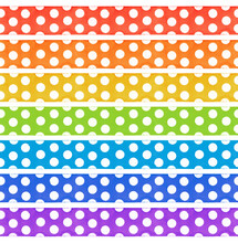 Seamless Repeatable Watercolour Ribbon Set With Polka Dots In Various Rainbow Colours. Hand Drawn Water Color Painting On White Backdrop, Cut Out Elements For Design, Event Invitation, Birthday Card.