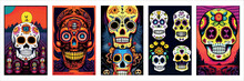 Set Vertical Posters Day Dead. Traditional Vetor Illustration Holiday Mexican Region, With Sugar Skulls Tribute Deceased. With Floral Ornament Flower Garland. Design Fabrics, Textiles, Paper