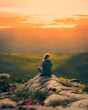 © Olha Volynska - A girl sitting on the top of the mounting and enjoying yellow sunrise above sea. Hiking woman in khaki jacket relaxing on the cliff looking at a beautiful sunlit landscape. Green valley in sunlight