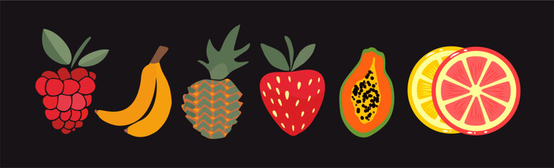 Set of fruits and vegetables flat style. Raspberries, strawberries, bananas, papaya, pineapple, lemon, grapefruit. Dark background. Printing on dishes, clothes.