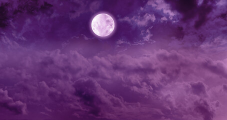 magenta night sky moon and clouds - blanket of clouds with a full moon above and dark night sky with