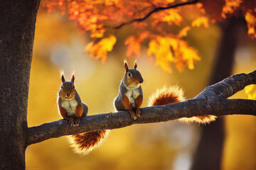 Wall Mural - Two squirrels on an autumn branch, digital art