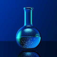 Wall Mural - glass chemistry lab equipment on blue background. chemistry lab concept. 3d