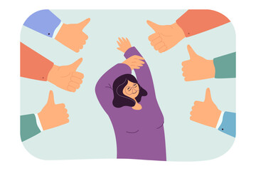 Poster - Hand of many people with thumbs up feedback for happy woman. Person enjoying positive review flat vector illustration. Evaluation, success concept for banner, website design or landing web page