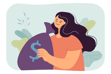 Poster - Happy rich woman holding bag full of cash money. Financial profit and benefit of person flat vector illustration. Salary, payment, prize concept for banner, website design or landing web page