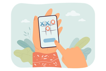 Poster - Woman playing tic tac toe game in mobile app. Hands of person touching phone screen flat vector illustration. Strategy, entertainment, technology concept for banner, website design or landing web page
