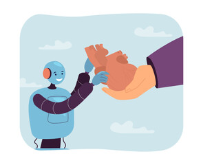 Poster - Hand giving heart to tiny robot for medical checkup or operation. Person holding human organ flat vector illustration. Cardiology, AI diagnostics concept for banner, website design or landing web page