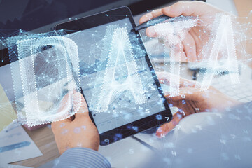 Aufkleber - Multi exposure of man's hands holding and using a digital device and data theme drawing. Innovation concept.