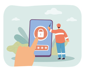 Poster - Users finger touching padlock on phone screen. Help to unlock smartphone from tiny male service worker flat vector illustration. Security concept for banner, website design or landing web page