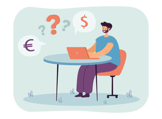 Poster - Man choosing between dollar and euro. Person sitting at table with laptop, thinking about currency exchange flat vector illustration. Money concept for banner, website design or landing web page