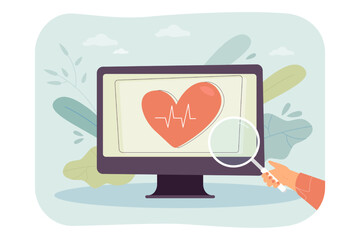 Poster - Hand with magnifying glass examining heart on computer monitor. Online health care search for person flat vector illustration. Cardiology concept for banner, website design or landing web page