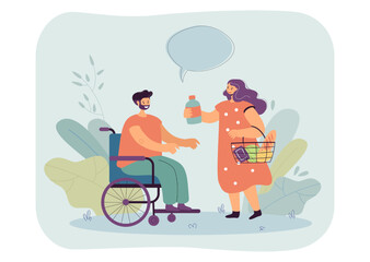 Poster - Volunteer giving grocery product to male wheelchair user. Woman holding supermarket basket full of food flat vector illustration. Charity, help concept for banner, website design or landing web page