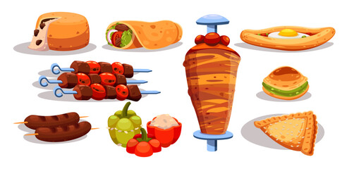 Turkish cuisine cartoon illustration set. Falafel, kebab, shawarma, kofta curry, stuffed peppers, khachapuri, shashlik, chicken, baklava, traditional desserts. Restaurant, menu, food concept