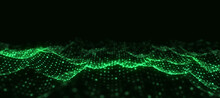 Wave Of Particles. Big Data Visualization. Abstract Background With A Dynamic Wave. 3d Rendering.