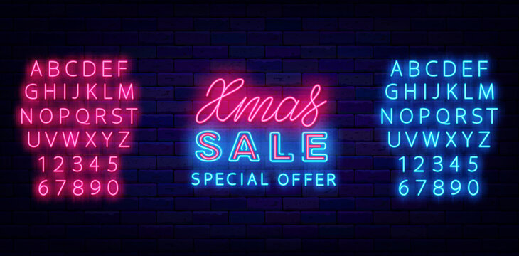 Xmas sale neon signboard. Merry Christmas special offer. Luminous pink and blue Vector stock illustration