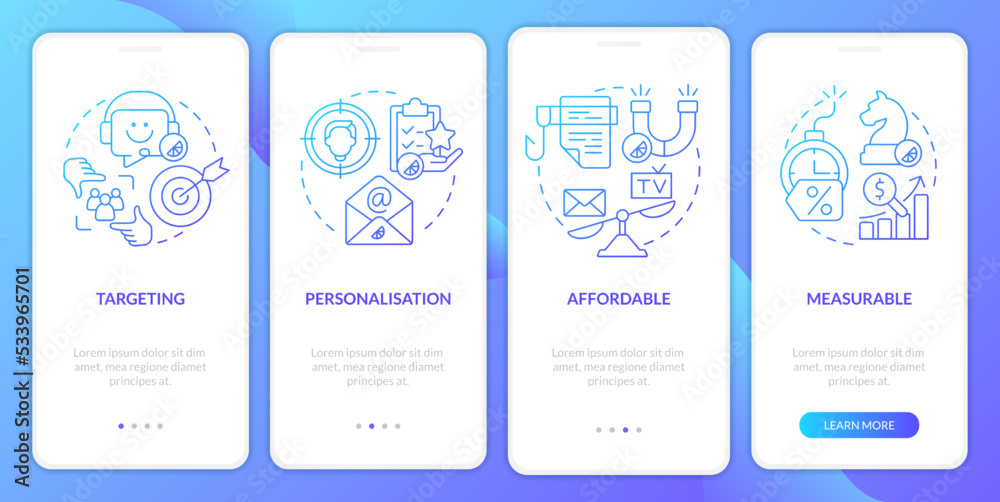 Direct marketing benefits blue gradient onboarding mobile app screen ...