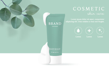 facial cleanser and cosmetic product ad with foam and leaves.