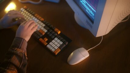 Top view of programmer coding software, old technology, 90s lifestyle, retro