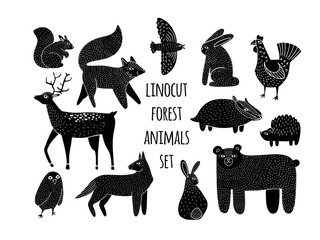 hand drawn set with wild forest animals in linocut style. isolated on white background vector illust