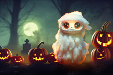 A White Fluffy Baby Ghost With Cemetery Graves In A Dark Forest At Night Under A Full Moon. Halloween With Carved Pumpkins And Candles Shining In The Dark. 3D Illustration Rendering.