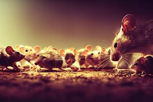 Mice Run On Urban Roads At Night In Large Numbers, Causing An Epidemic And Pollution. Apocalyptic Conceptual Composition. 3D Rendering And Terrifying Halloween Blurred Background.