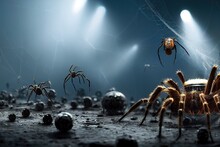 Spiders Infestating Urban Houses At Night. A Scary Halloween Theme And Concept Of Epidemic And Arachnophobia Is Presented Here. 3D Rendering.