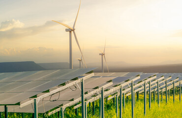 sustainable energy. solar and wind turbines farm. sustainable resources. solar, wind power. renewabl