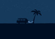 Eine Hängematte aufgespannt zwischen einer Palme und einem Bus in der Nacht, im Hintergrund sind Sterne.