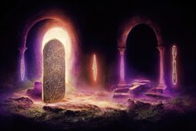 Fantasy Night Landscape With Magical Power, Ancient Stones With Magical Power And Light, Runes. Passage To Another World, Magic Door, Light, Neon. 3D Illustration