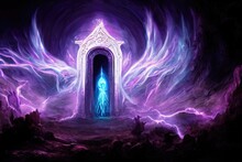 Fantasy Night Landscape With Magical Power, Ancient Stones With Magical Power And Light, Runes. Passage To Another World, Magic Door, Light, Neon. 3D Illustration