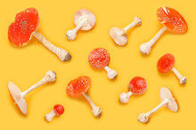 Amanita Muscaria Fly Agaric Poisonous Hallucinogenic Forest Mushrooms Pattern On Yellow Background Top View Flay Lay