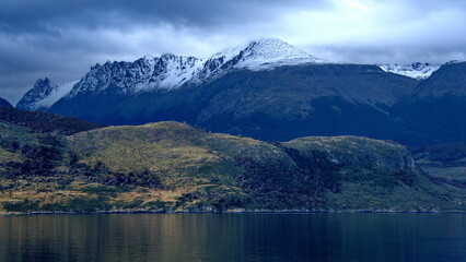  Snow capped mountains along the Beagle Channel near Ushuaia, Argentina