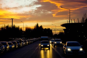 Sticker - Rush hour traffic urban scene at scenic sunset