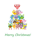 Fototapeta Pokój dzieciecy - We wish you a Merry Christmas and a happy New Year. Stylish holiday card with cute birds and owls in vector. Bright cartoon background with holiday birds