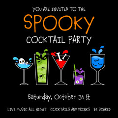 Wall Mural - Halloween spooky cocktail party poster, banner, invitation or greeting card design template with spooky blue, yellow and red drinks with skull, bones, eyes, bats and spiders inside glasses. 