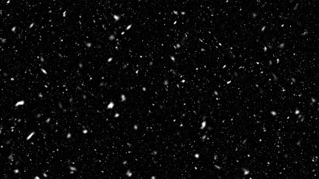 Falling realistic natural snowflakes overlay from top to bottom - calm snow for digital composition and photo composite with black background