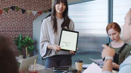Aufkleber - Digital tablet presentation, business team and tech consultant speaker in a marketing teamwork meeting. Creative strategy woman consultant or leader coaching online, internet and web data dashboard