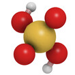 © molekuul.be - Sulfuric acid (H2SO4, oil of vitriol) molecule, chemical structure. H2SO4 is a highly corrosive strong mineral acid. Used as an electrolyte in lead-acid car batteries and for many other applications.