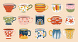 © Buch&Bee - Ceramic coffee cups and tea mugs. Kitchen crockery with scandinavian and flower elements. Vector tableware set of ceramic and porcelain cups or mugs, home or cafe pottery for hot drinks, beverages