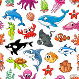 Fototapeta Pokój dzieciecy - Cartoon underwater animals characters seamless pattern background, vector fishes and animals. Kids ocean and undersea pattern with funny shark, dolphin and whale, octopus and seahorse with starfish
