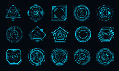 Wall Mural - HUD aim control target panel and compass frame. Future military plane or Sci Fi spaceship pilot dashboard display, crosshair target aim or altimeter, VR game UI vector panel or blue neon display