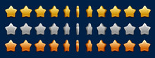 Silver, Golden, Bronze Star Rotate. Animated Game Sprite Sheet Of Vector 3d Rate Stars. Video Game Animation Effect With Spinning Winner Award, Bonus And Ranking Medal Sequence Frame, Gui Assets