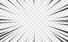 Comic Manga Transparent Background With Speed Action Radial Lines. Vector Background With Frame Of Cartoon Flash Effect, Anime Comic Book Superhero Motion, Explosion Force Or Light Flash Rays